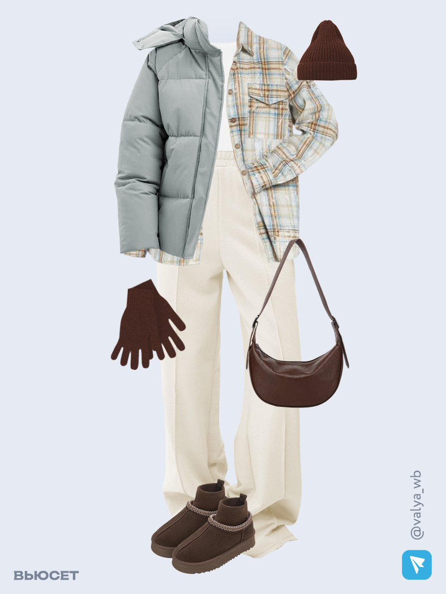 Образ с Вайлдберриз с артикулами (куртка ❄️, рубашка, футболка, брюки, сумка, угги, шапка, перчатки)