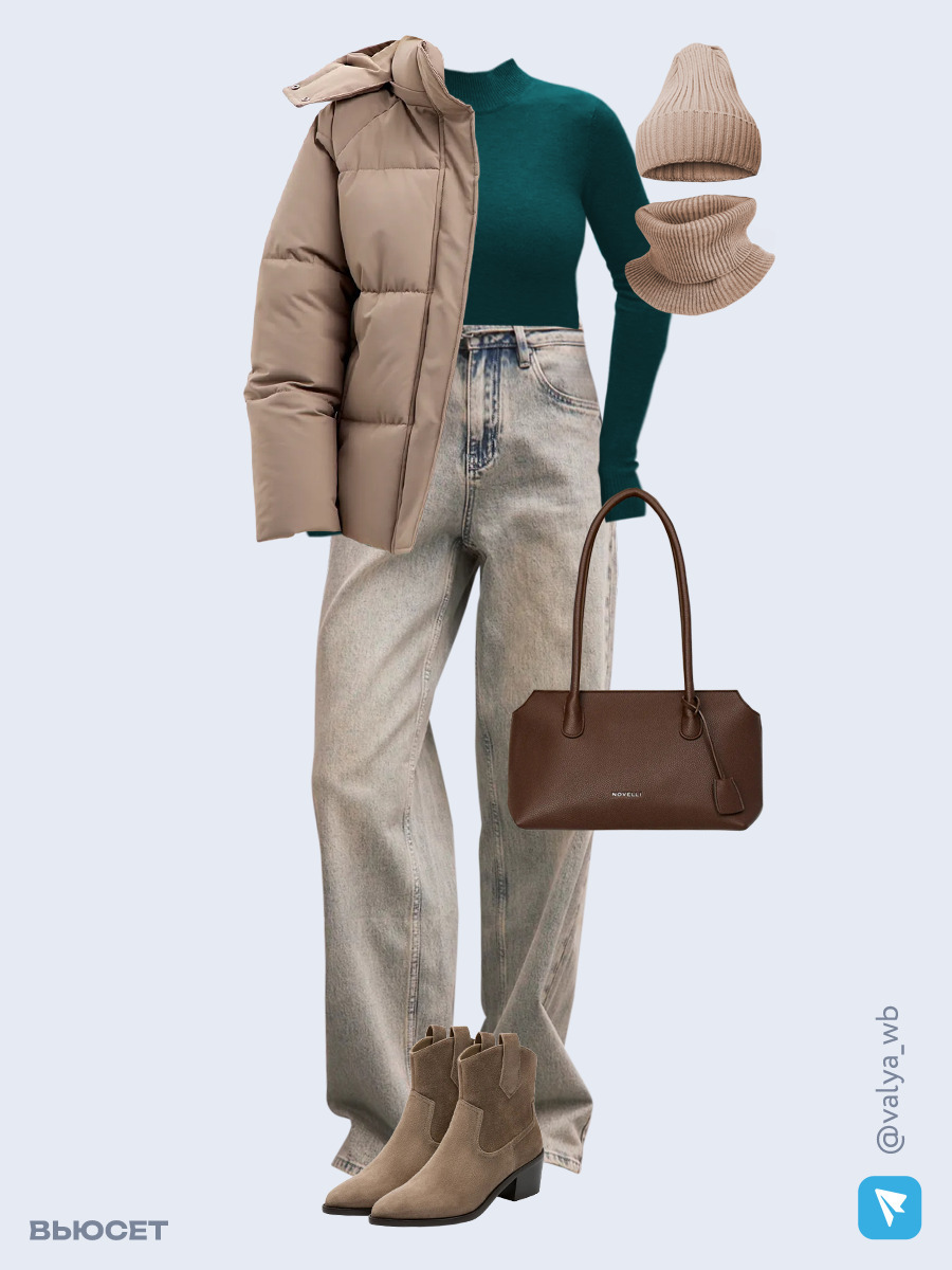 Образ с Вайлдберриз с артикулами (куртка ❄️, водолазка, джинсы, сумка, ботильоны ❄️, шапка и снуд)