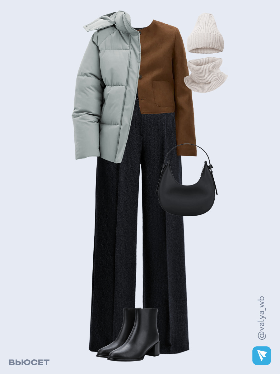 Образ с Вайлдберриз с артикулами (куртка ❄️, жакет, топ, брюки, сумка, ботильоны ❄️, шапка и снуд)