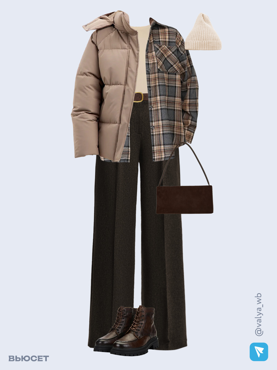 Образ с Вайлдберриз с артикулами (куртка ❄️, рубашка, футболка, брюки, сумка, ботинки ❄️, шапка, ремень)