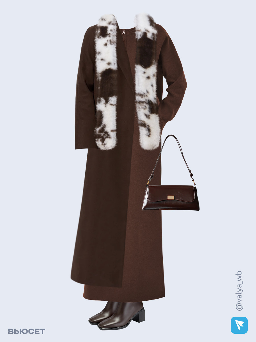 Образ с Вайлдберриз с артикулами (пальто, костюм, сумка, ботильоны, шарф)