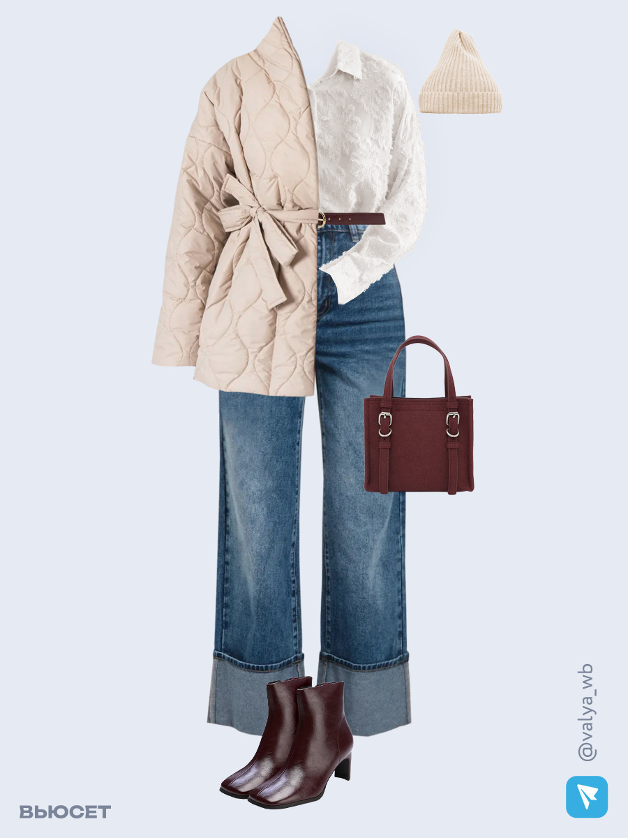 Образ с Вайлдберриз с артикулами (куртка, блузка, джинсы, сумка, ботильоны, шапка, ремень)