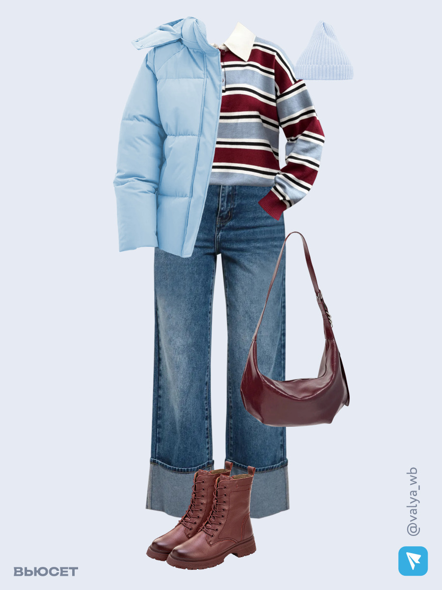 Образ с Вайлдберриз с артикулами (куртка ❄️, свитер, джинсы, сумка, ботинки ❄️, шапка)