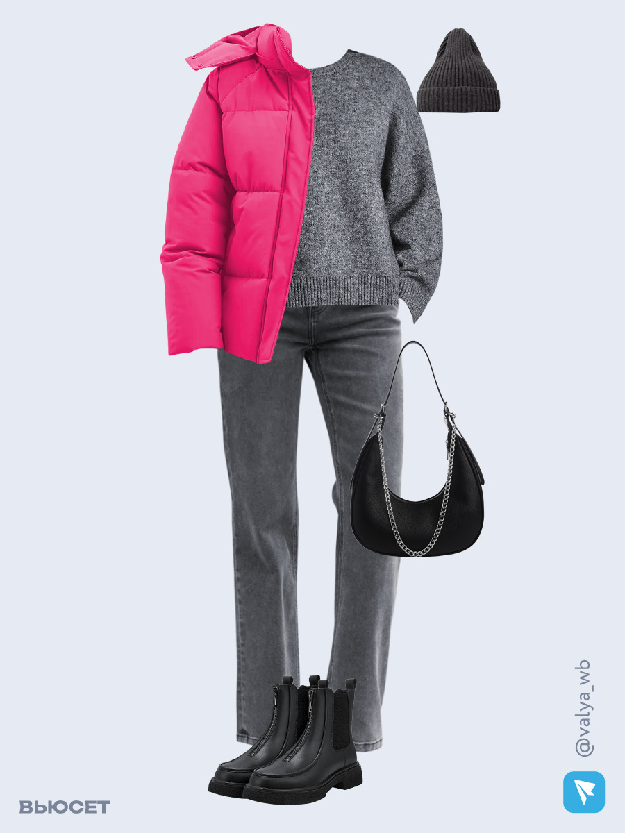 Образ с Вайлдберриз с артикулами (куртка ❄️, джемпер, джинсы, сумка, ботинки ❄️, шапка)