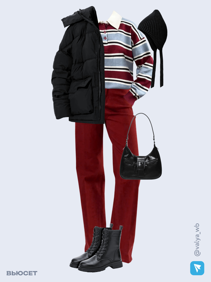 Образ с Вайлдберриз с артикулами (куртка ❄️, свитер, джинсы, сумка, ботинки ❄️, чепчик)