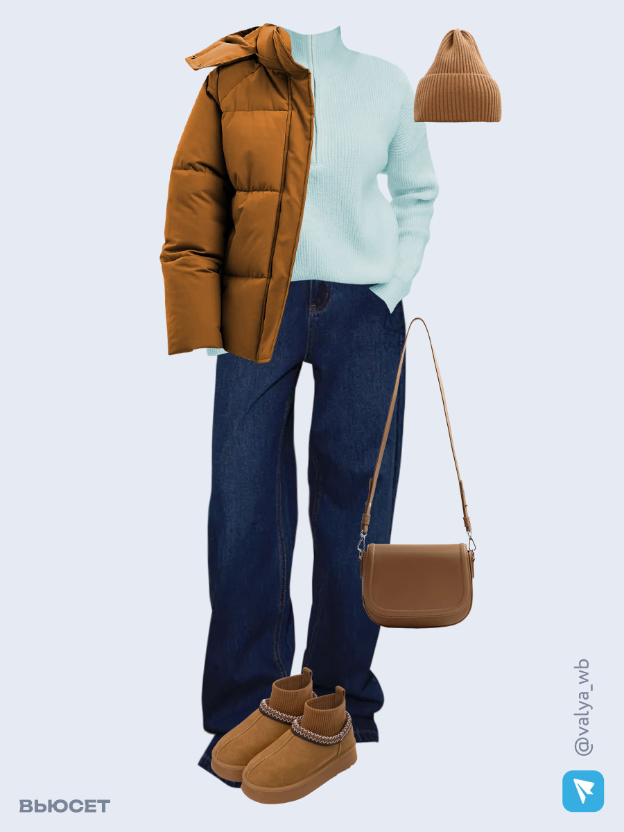Образ с Вайлдберриз с артикулами (куртка ❄️, джемпер, джинсы, сумка, угги, шапка)