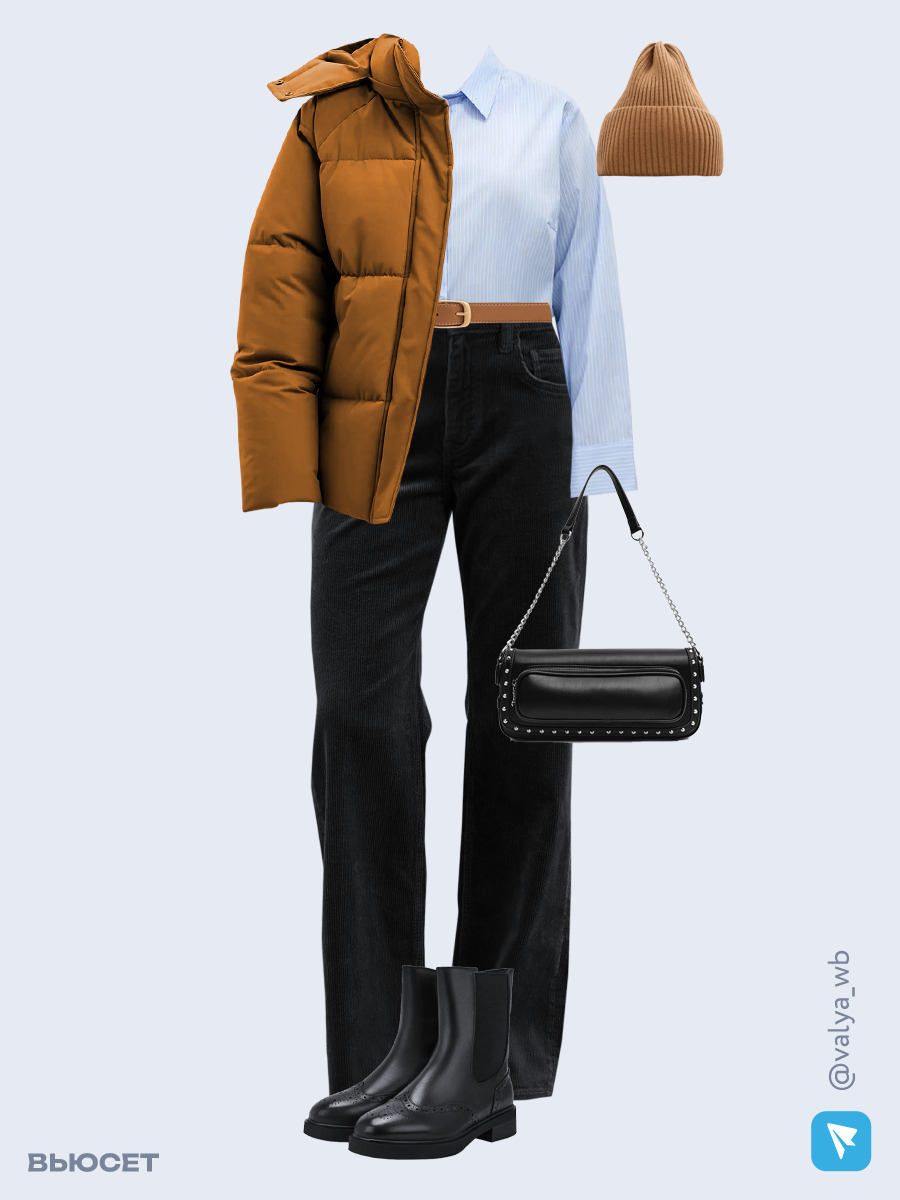 Образ с Вайлдберриз с артикулами (куртка ❄️, рубашка, брюки, сумка, ботинки ❄️, шапка, ремень)