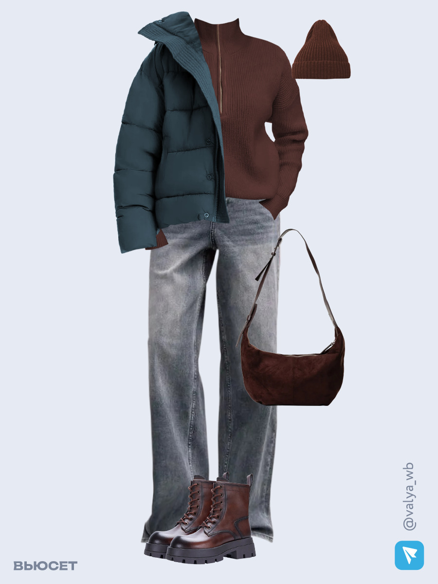 Образ с Вайлдберриз с артикулами (куртка ❄️, джемпер, джинсы, сумка, ботинки, шапка)