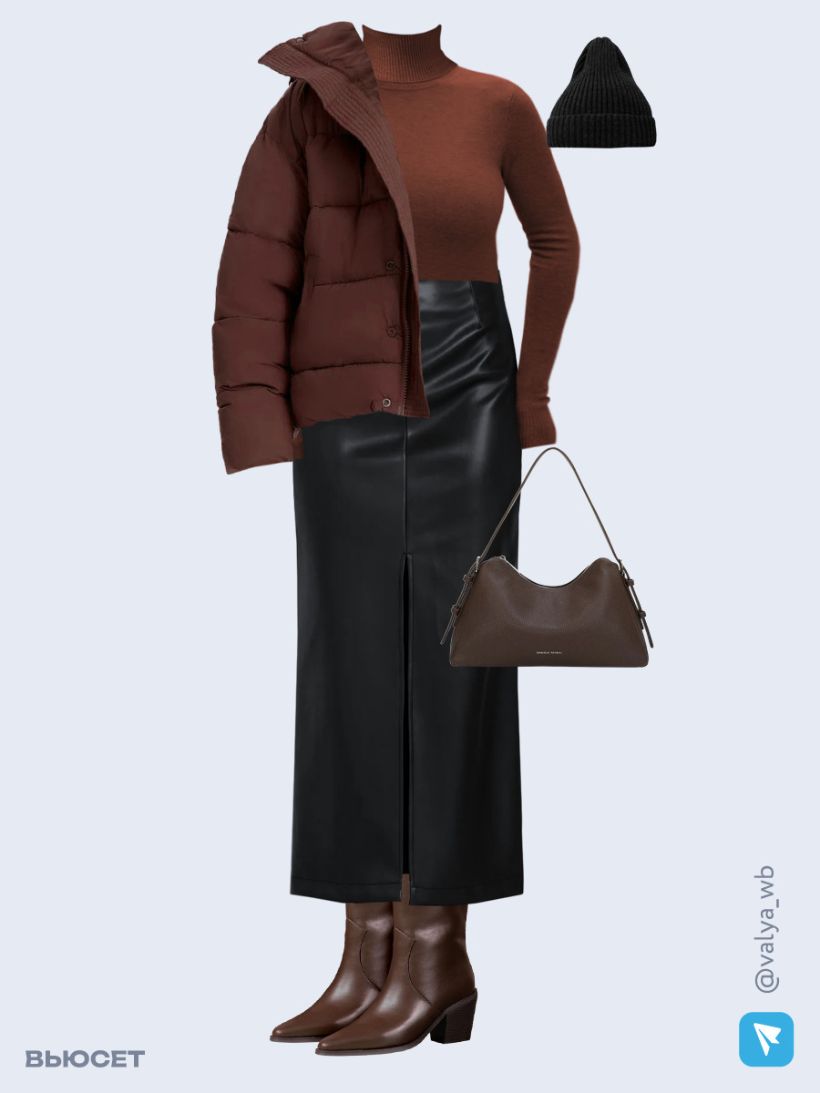 Образ с Вайлдберриз с артикулами (куртка ❄️, водолазка, юбка, сумка, ботильоны ❄️, шапка)