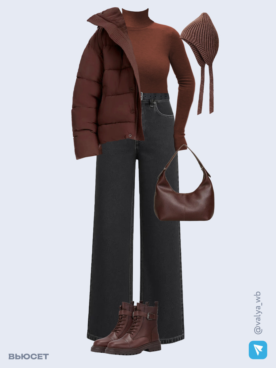Образ с Вайлдберриз с артикулами (куртка ❄️, водолазка, джинсы, сумка, ботинки ❄️, чепчик, ремень)