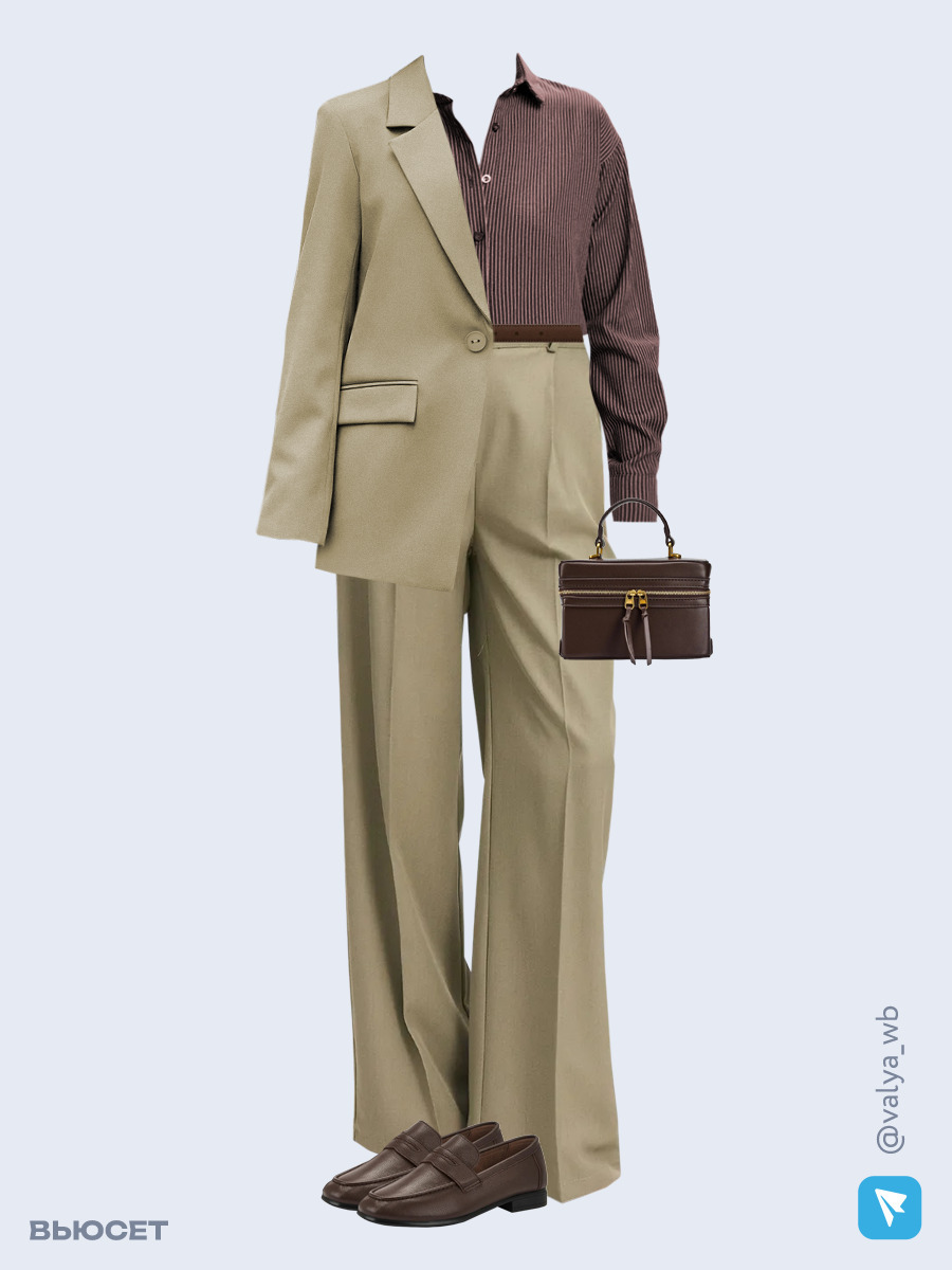Образ с Вайлдберриз с артикулами (костюм, рубашка, сумка, лоферы, ремень)