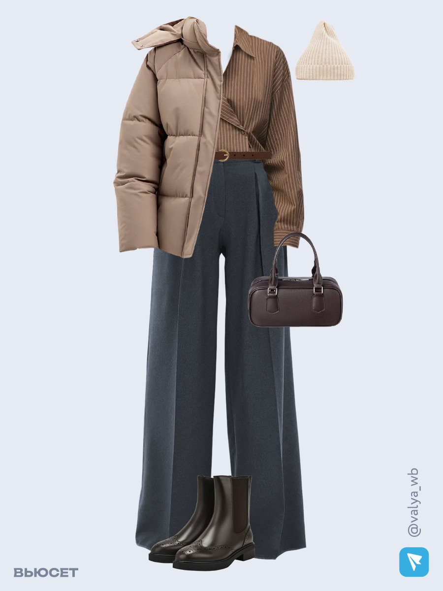 Образ с Вайлдберриз с артикулами (куртка ❄️, рубашка, брюки, сумка, ботинки ❄️, шапка, ремень)