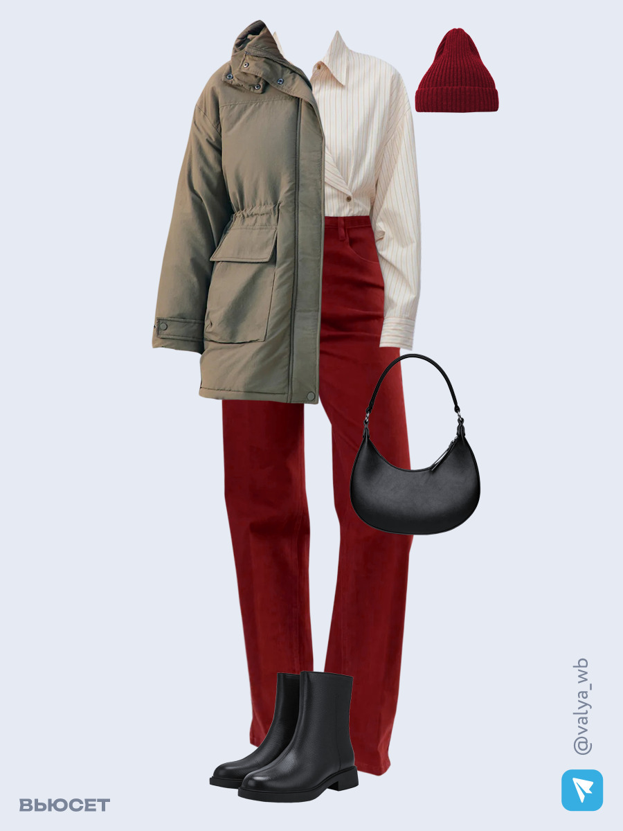 Зимний стильный лук с паркой и бордовыми джинсами