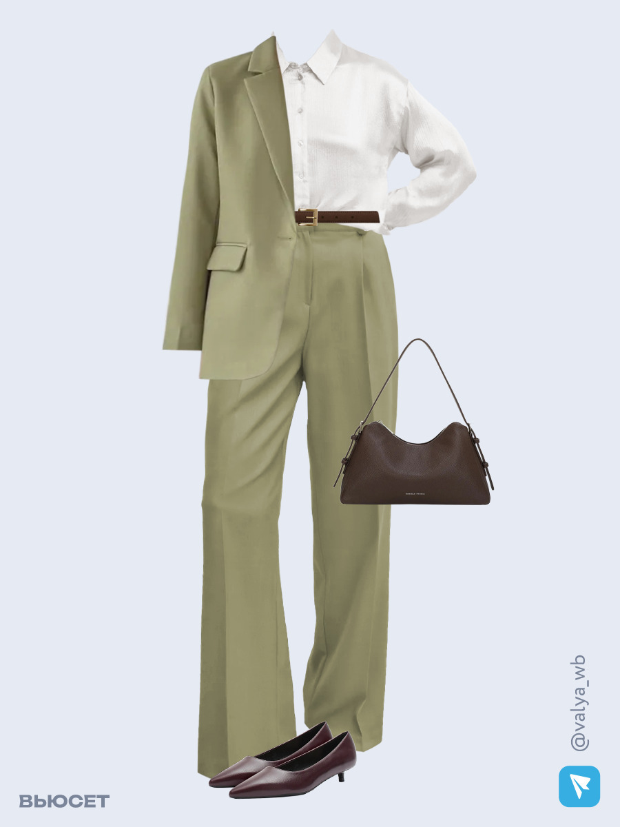 Образ с Вайлдберриз с артикулами (костюм, блуза, сумка, туфли, ремень)