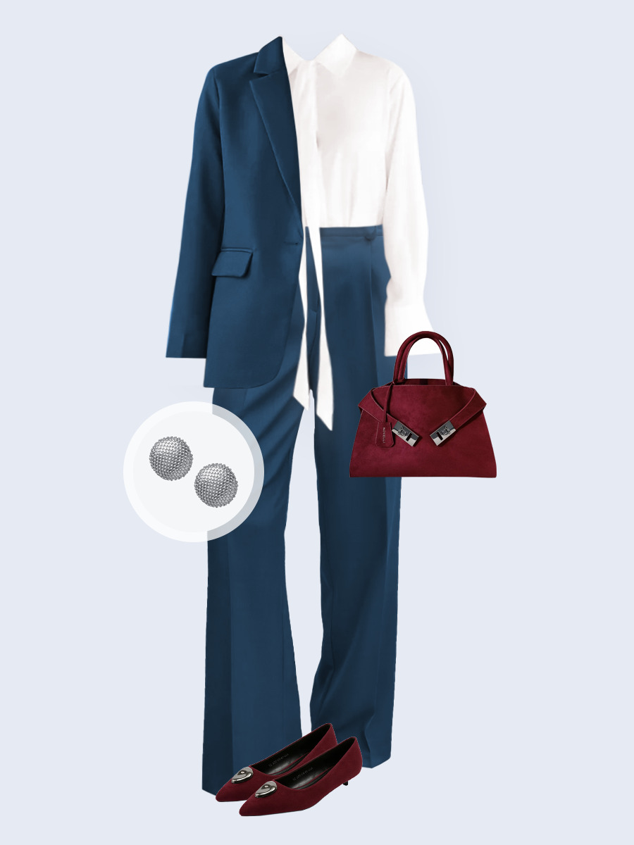 Образ с Вайлдберриз с артикулами (костюм, блуза, сумка, туфли, серьги)