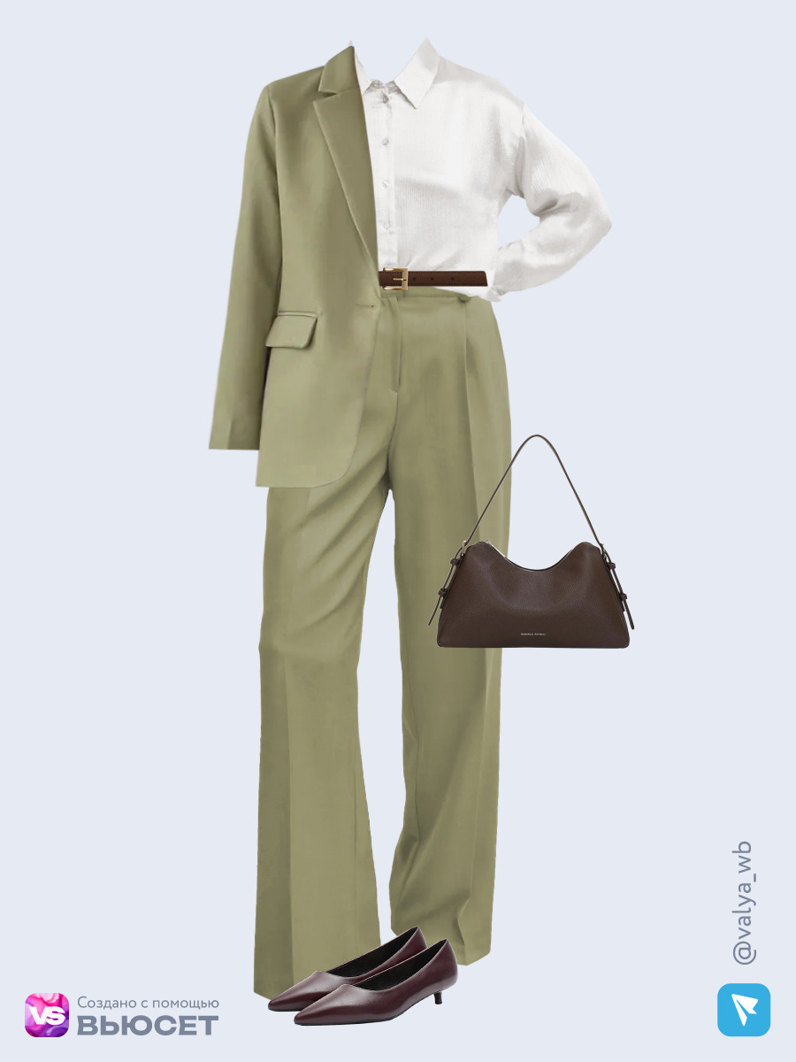 Деловой стильный лук с брючным костюмом оливкового цвета и шелковой молочной рубашкой