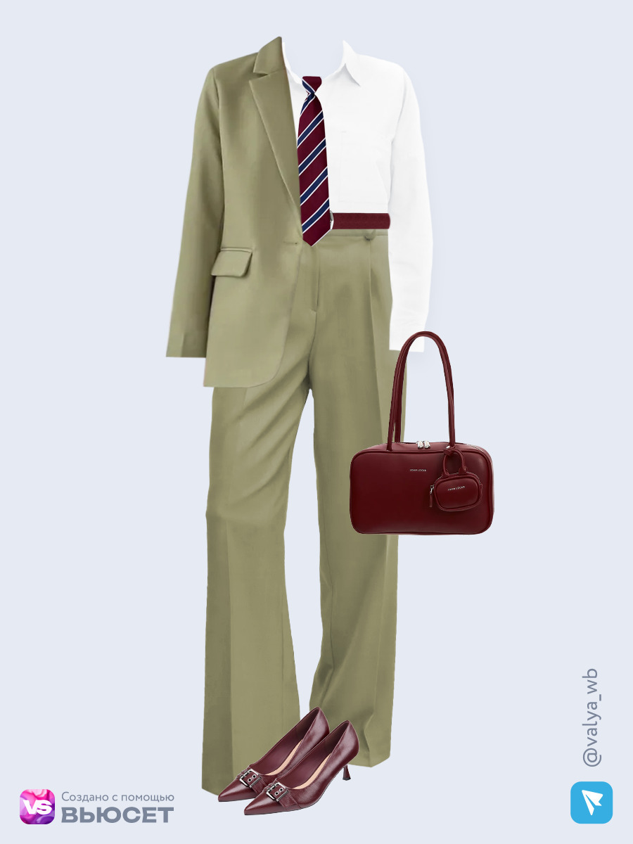 Деловой аутфит с артикулами с ВБ с классическим пиджаком и брюками и бордовыми аксессуарами