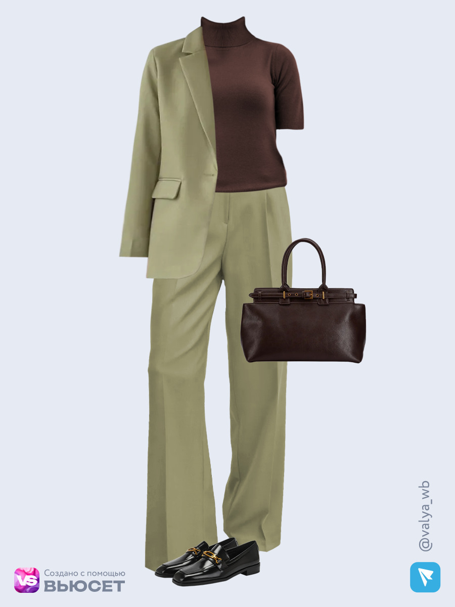  аутфит с артикулами с ВБ в офис с оливковым брючным костюмом и лоферами