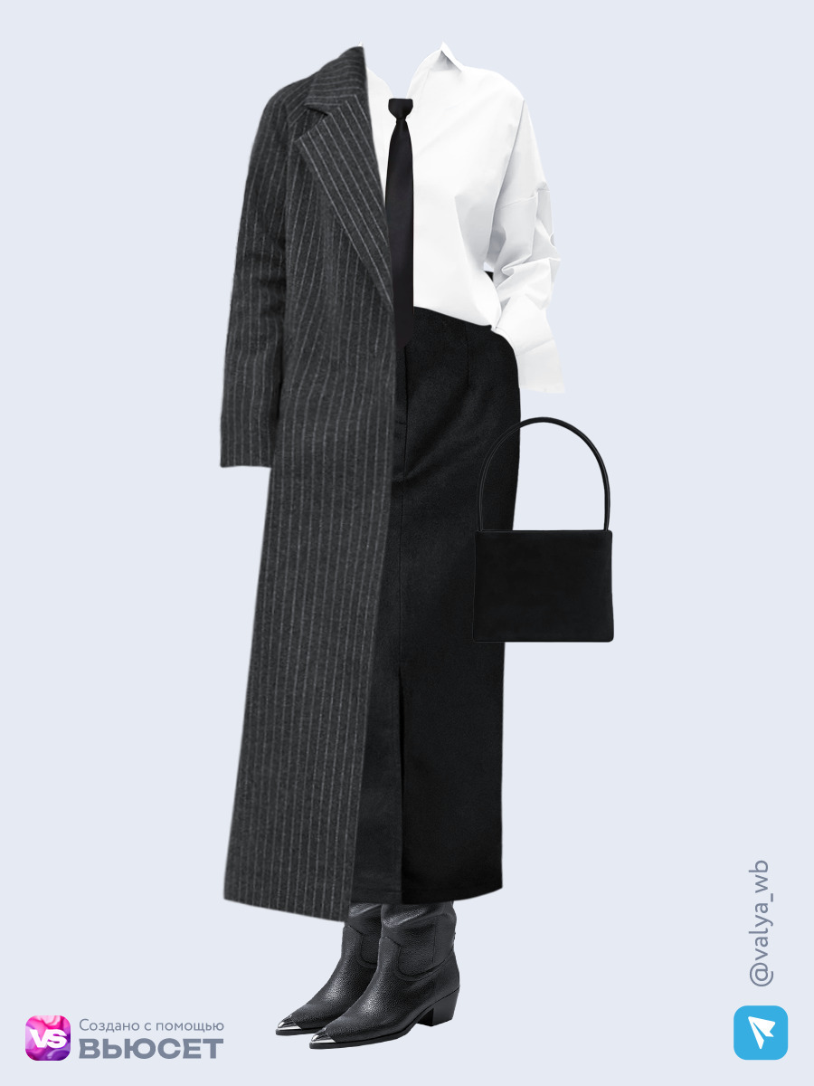 Образ с Вайлдберриз с артикулами (пальто, рубашка, юбка, сумка, сапоги, галстук)