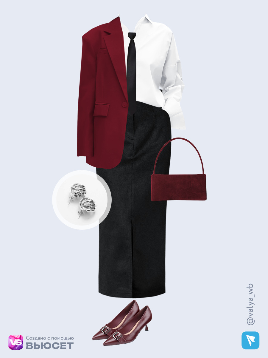 Образ с Вайлдберриз с артикулами (жакет, рубашка, юбка, сумка, туфли, серьги, галстук)