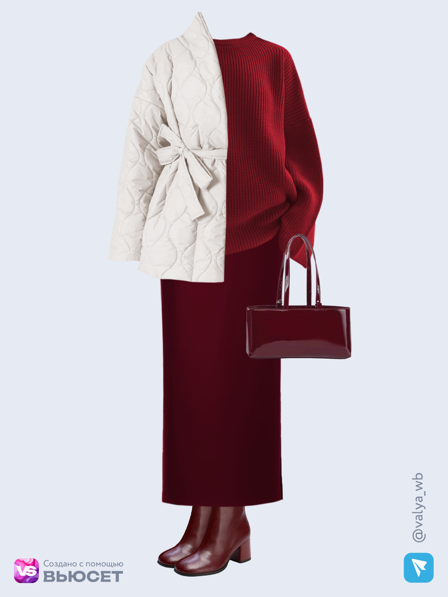 Образ с Вайлдберриз с артикулами (куртка, свитер, юбка, сумка, ботильоны)