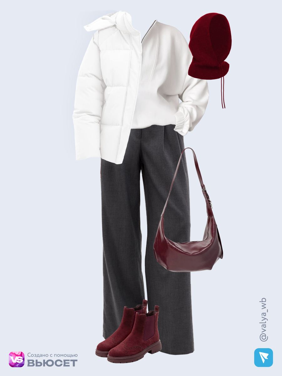 Образ с Вайлдберриз с артикулами (куртка ❄️, свитшот, брюки, сумка, ботинки, капор)