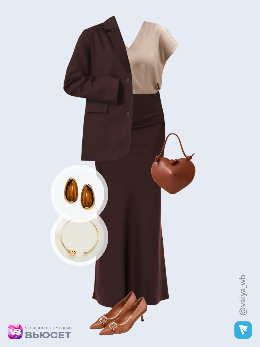 Образ с Вайлдберриз с артикулами (жакет, блузка, юбка, сумка, туфли, колье, серьги)