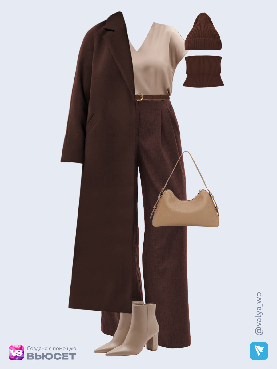 Образ с Вайлдберриз с артикулами (пальто, блузка, брюки, сумка, ботильоны, шапка, ремень, снуд)