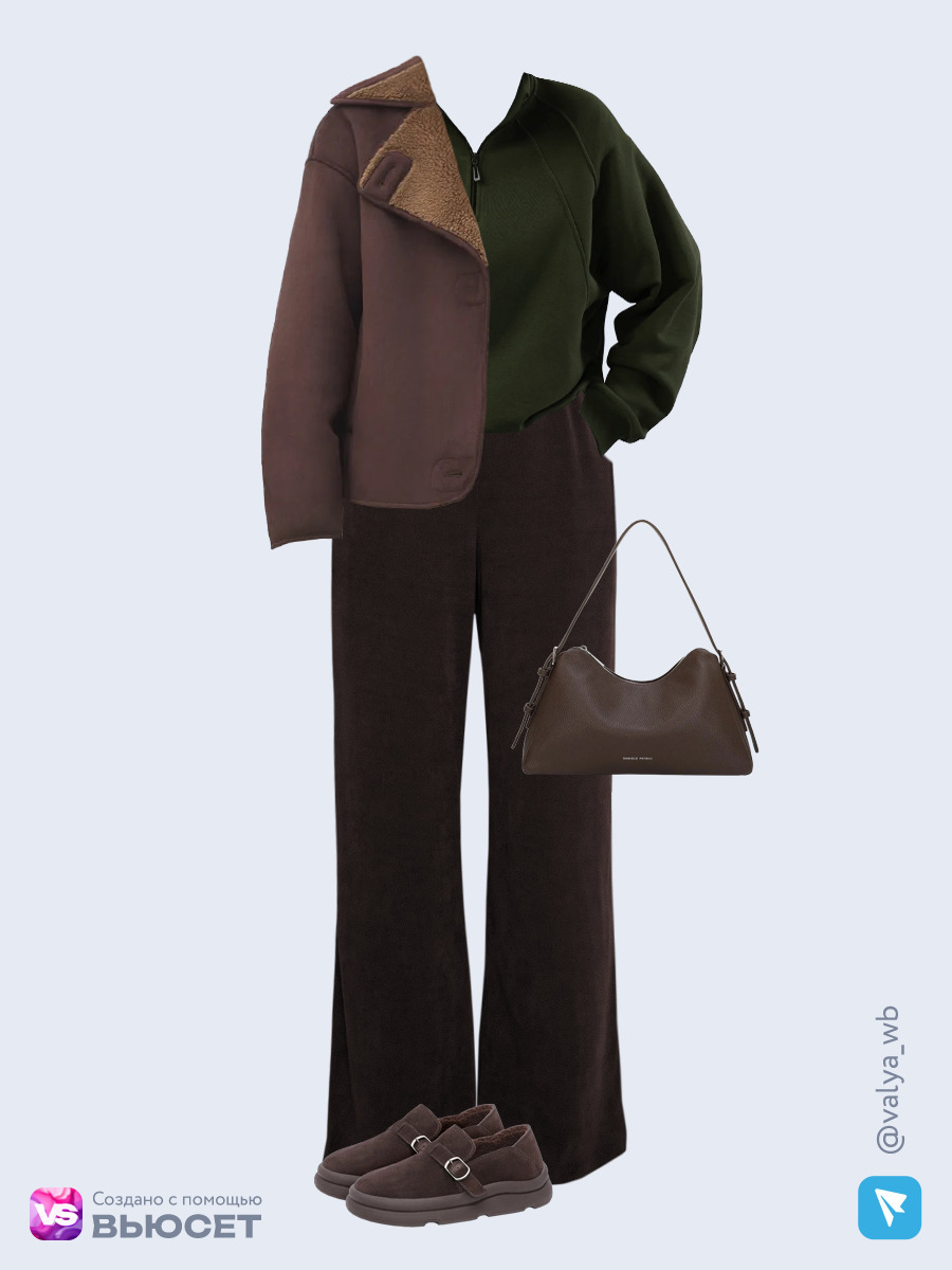  аутфит с артикулами с ВБ с короткой дубленкой, зеленым свитшотом и замшевыми брюками