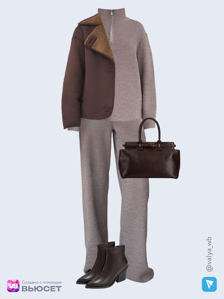  стильный лук с вязаным брючным костюмом, короткой коричневой дубленкой и коричневыми казаками