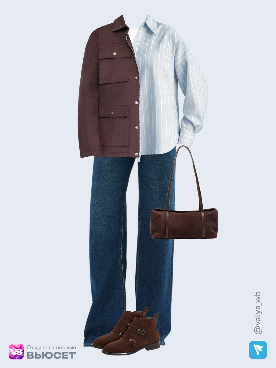  аутфит с артикулами с ВБ с коричневой курткой рабочего, синими джинсами и замшевыми ботинками
