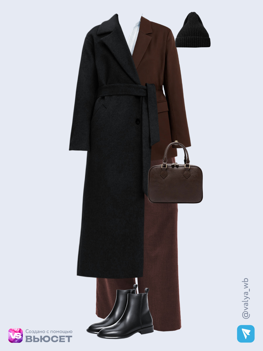  образ с Вайлдберриз с шоколадным сетом из жакета и брюк и черным пальто