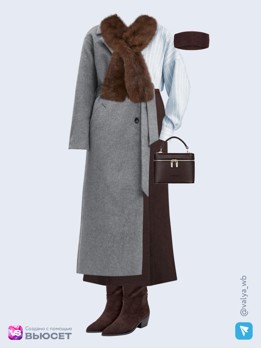  стильный лук с серым пальто, меховым шарфом и высокими замшевыми сапогами