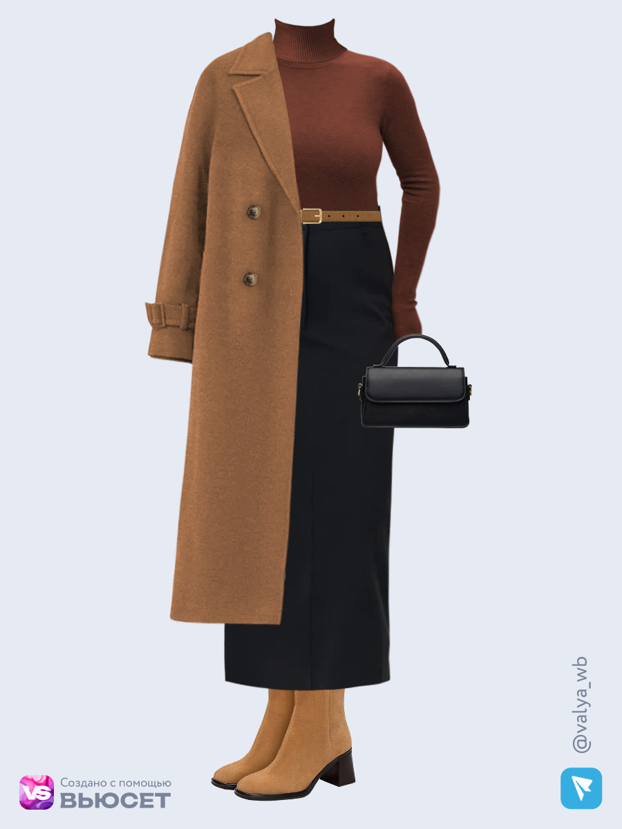 стильный лук с бежевым пальто, черной прямой юбкой и замшевыми ботильонами на устойчивом каблуке