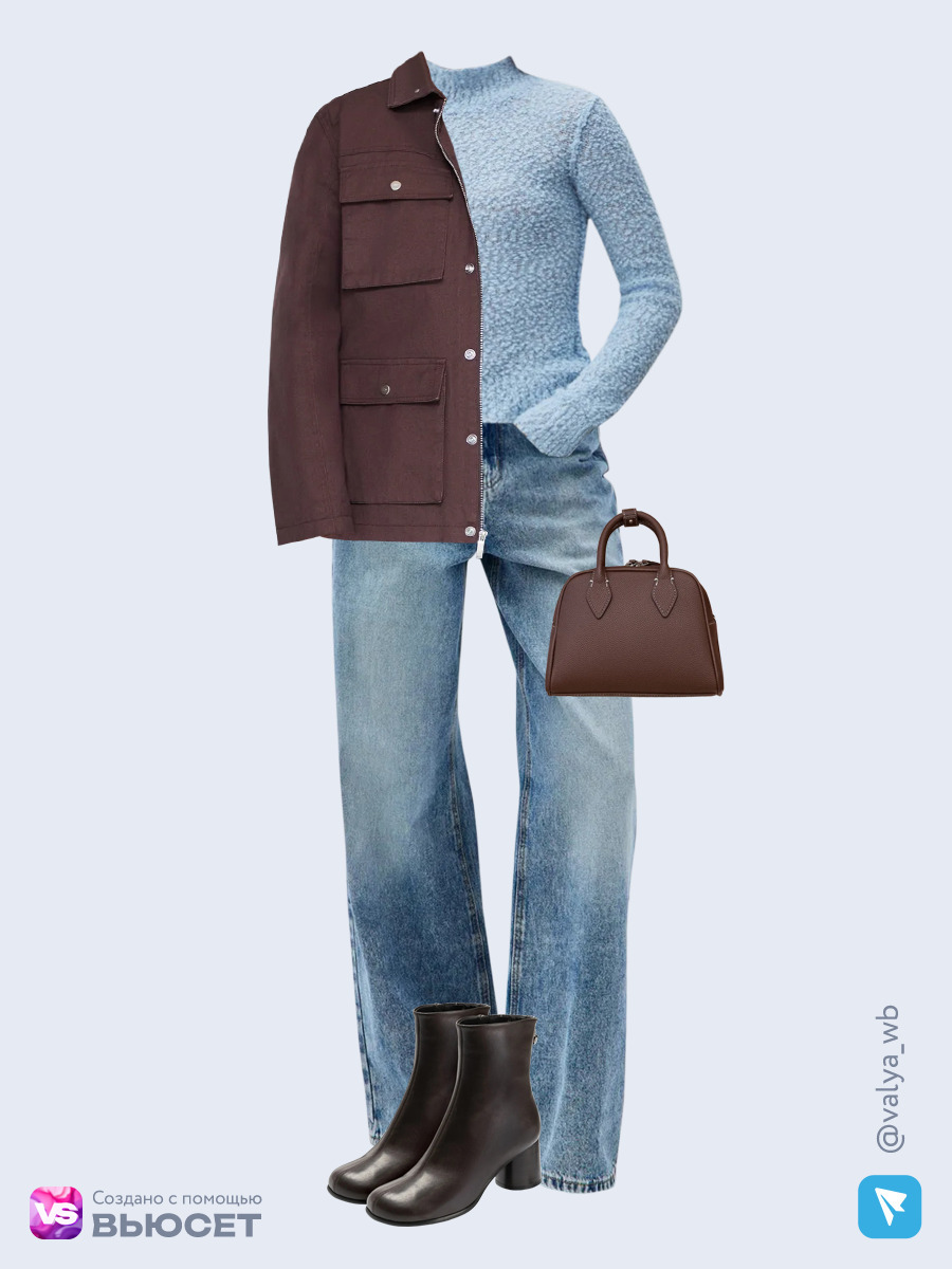  аутфит с артикулами с ВБ с коричневой курткой, голубым лонгсливом, джинсами и ботильонами с круглым мысом