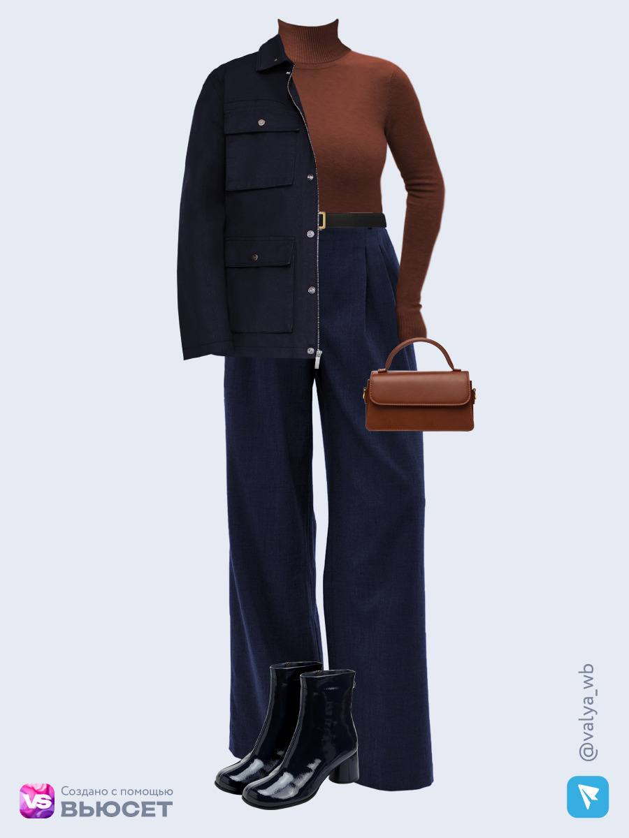  образ с Вайлдберриз с синей хлопковой курткой рабочего, коричневой водолазкой и синими глянцевыми ботильонами