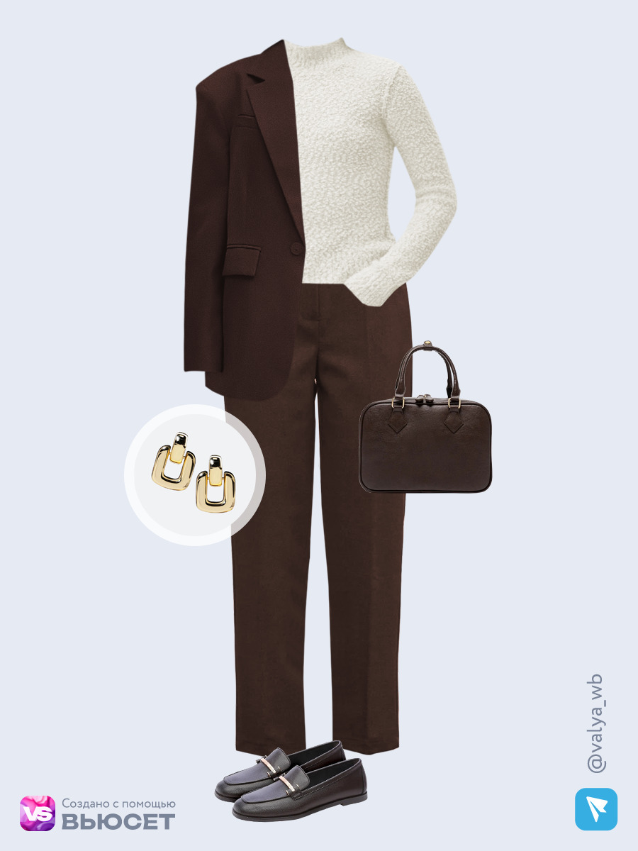  аутфит с артикулами с ВБ с коричневыми пиджаком, брюками, лоферами и сумкой-боулером