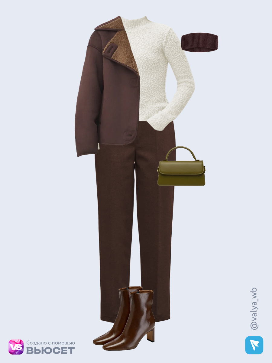  стильный лук с укороченной дубленкой, зауженными брюками и сумкой оливкового цвета