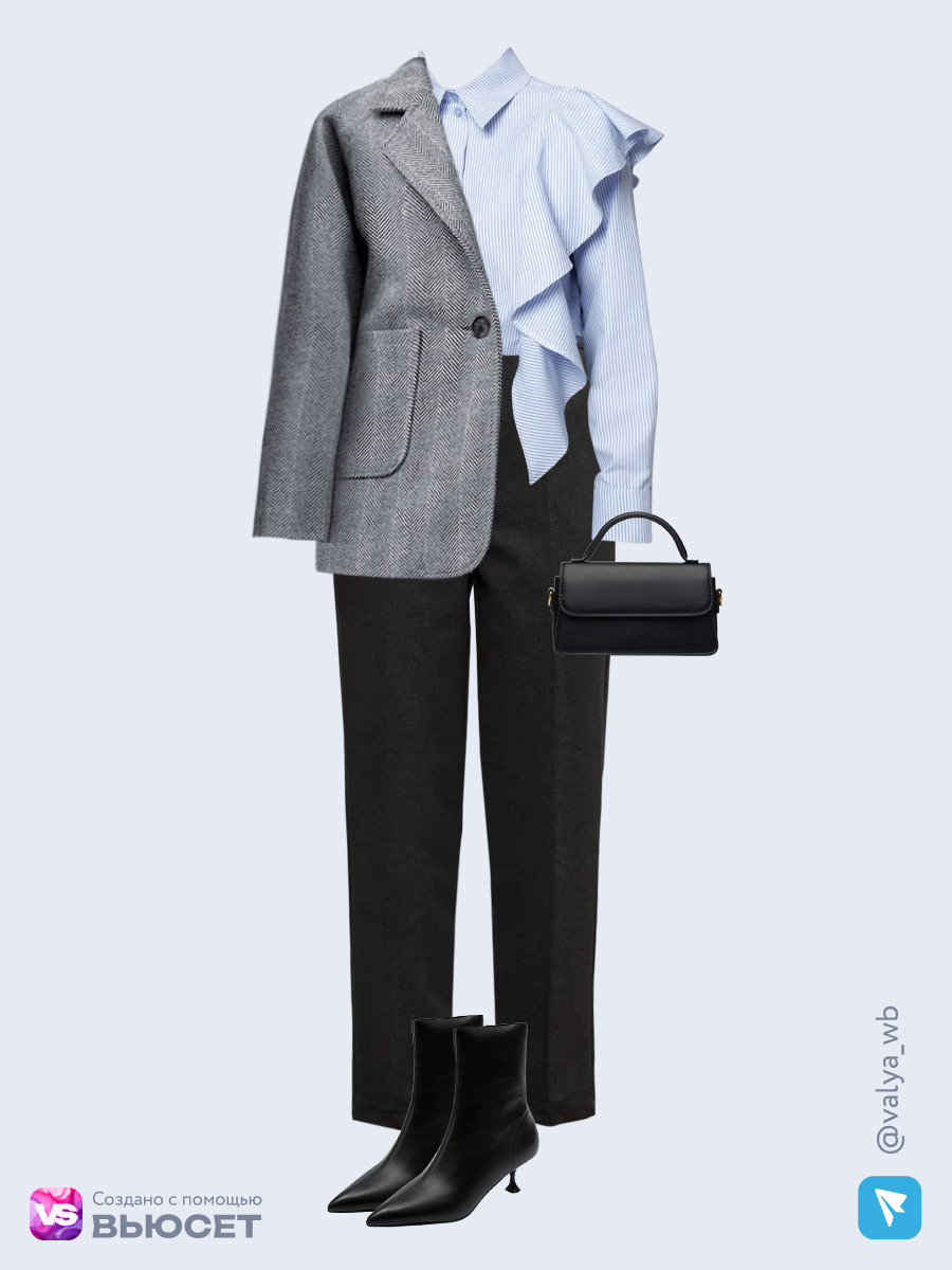 Образ с Вайлдберриз с артикулами (пальто, блуза, брюки, сумка, ботильоны)