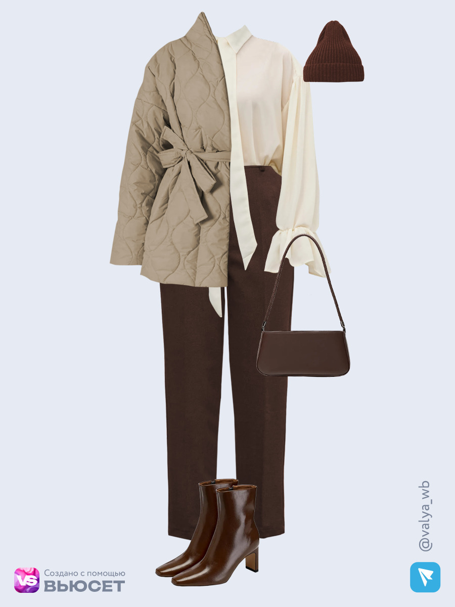 Образ с Вайлдберриз с артикулами (куртка, блуза, брюки, сумка, ботильоны, шапка)