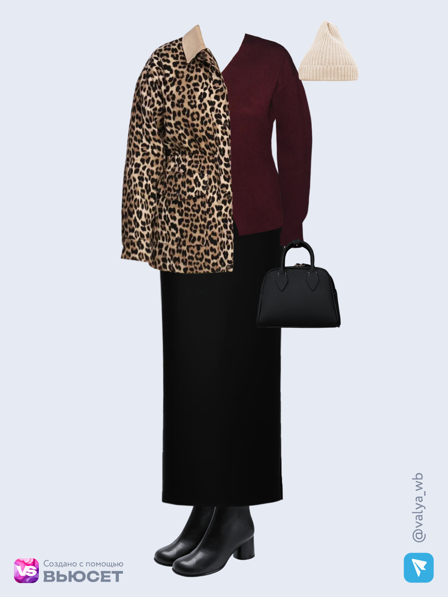 Образ с Вайлдберриз с артикулами (куртка, кардиган, юбка, сумка, ботильоны, шапка)