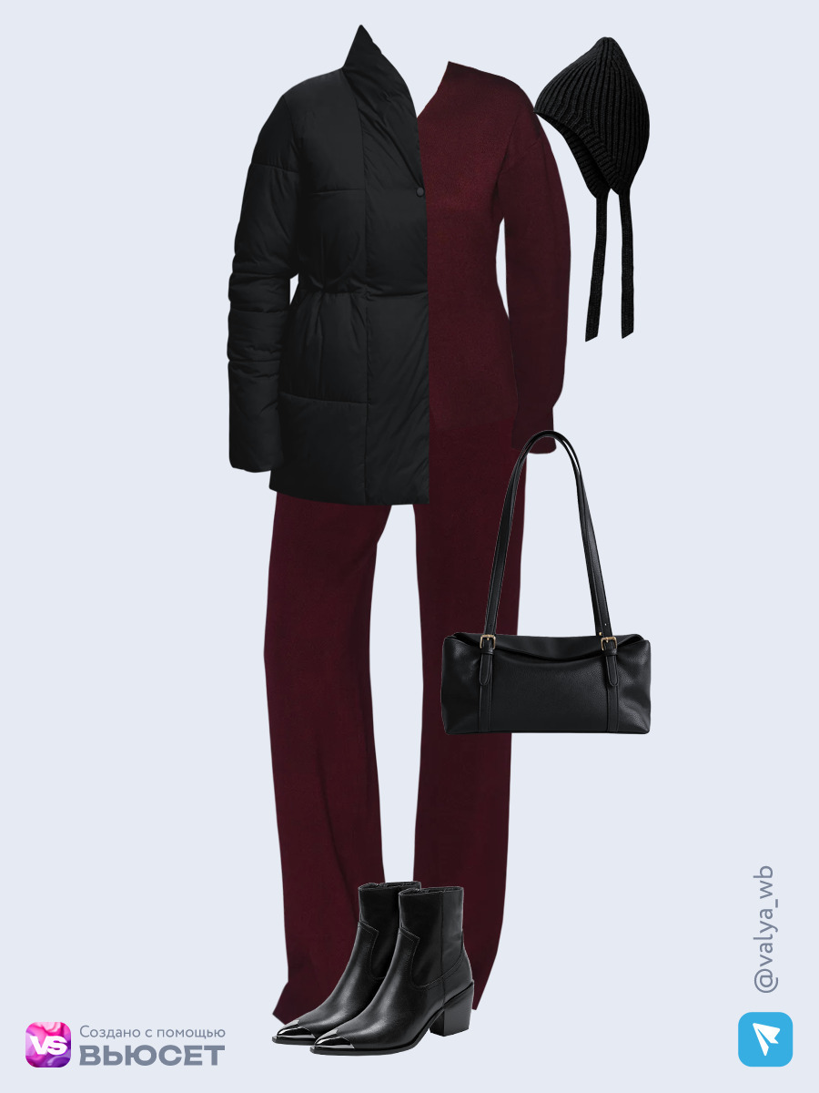 Образ с Вайлдберриз с артикулами (куртка, кардиган, брюки, сумка, ботильоны, чепчик)
