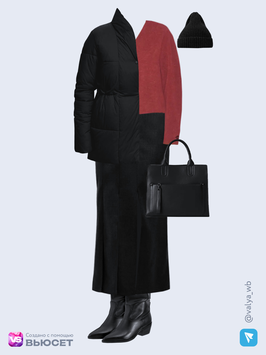 Образ с Вайлдберриз с артикулами (куртка, жакет, юбка, сумка, сапоги, шапка)