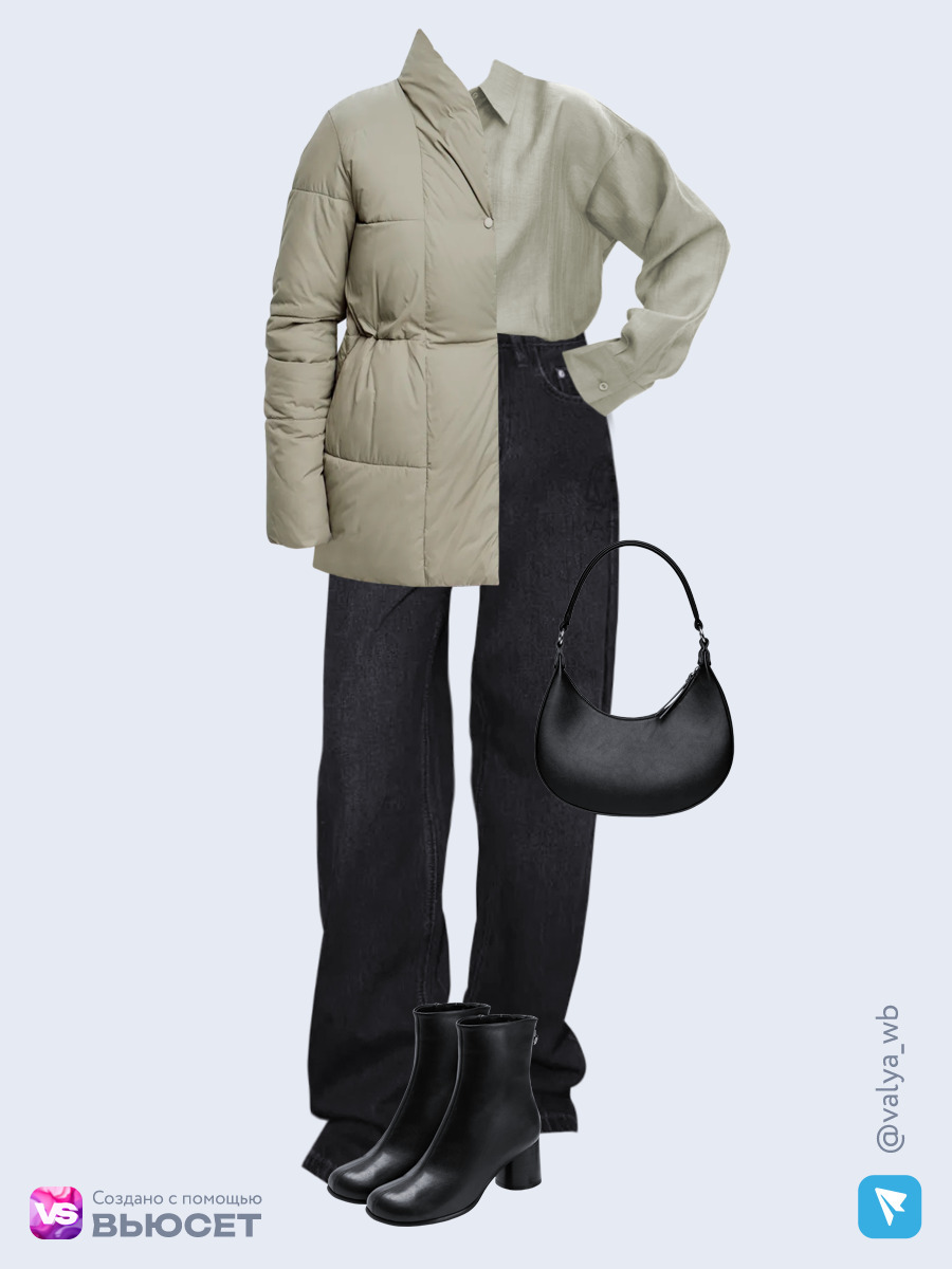 Образ с Вайлдберриз с артикулами (куртка, рубашка, джинсы, сумка, ботильоны)