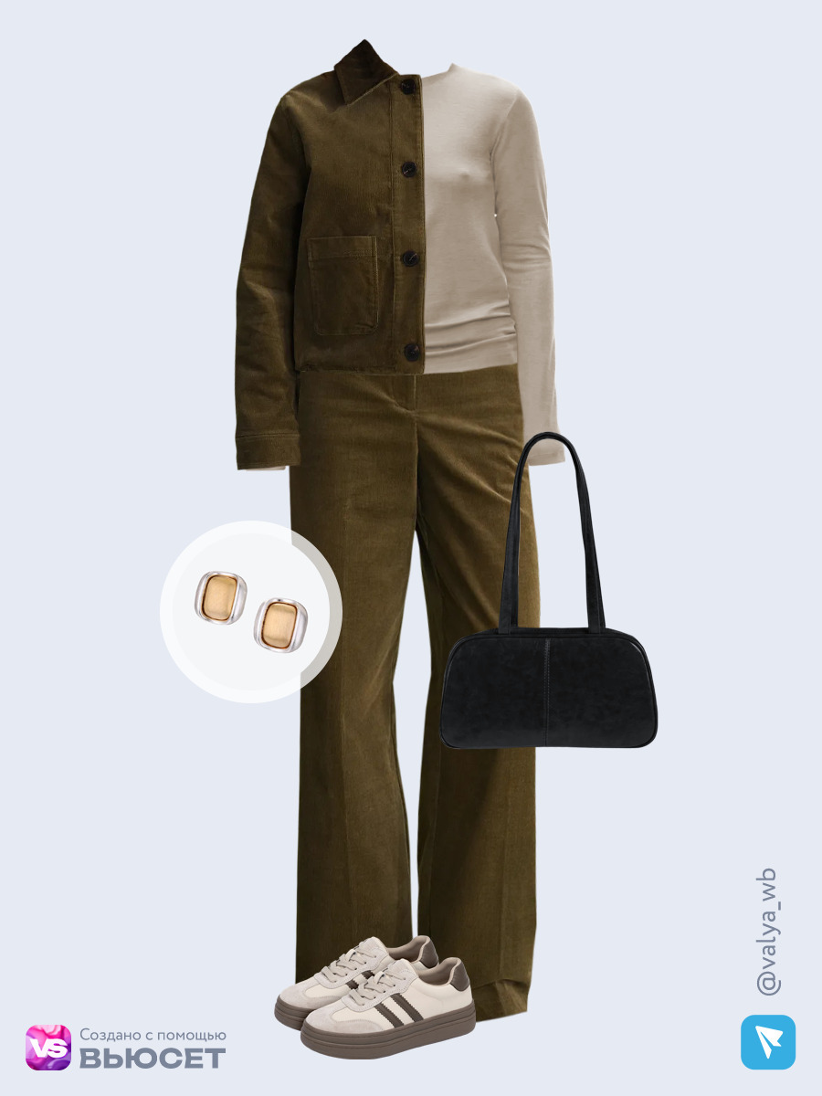 Образ с Вайлдберриз с артикулами (жакет, лонгслив, брюки, сумка, кеды, серьги)