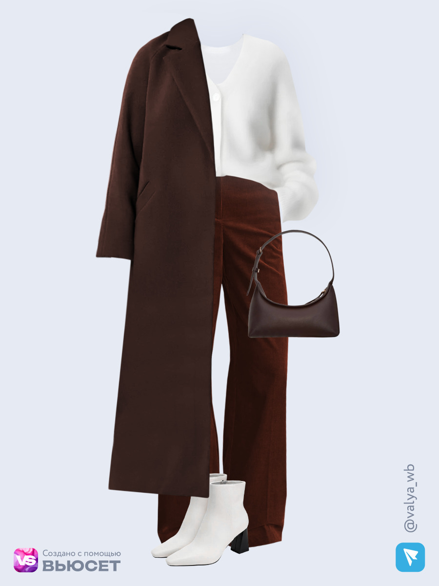 Образ с Вайлдберриз с артикулами (пальто, кардиган, футболка, брюки, сумка, ботильоны)