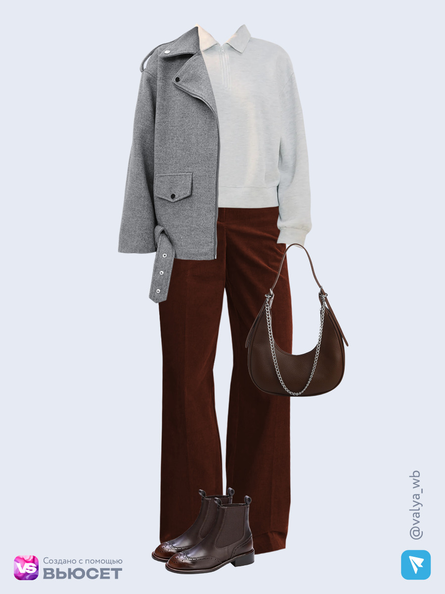 Образ с Вайлдберриз с артикулами (куртка, свитшот, брюки, сумка, ботинки)