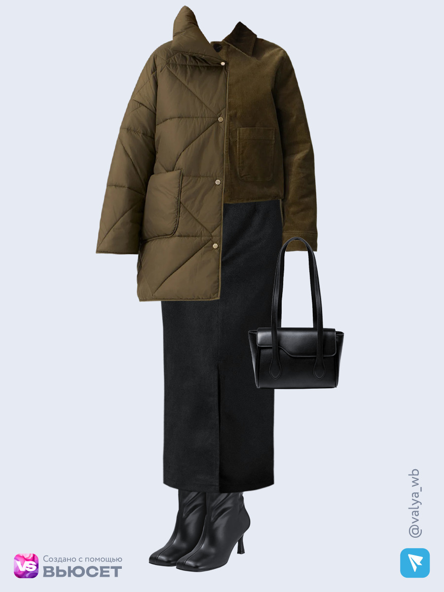 Образ с Вайлдберриз с артикулами (куртка, жакет, лонгслив, юбка, сумка, сапоги)