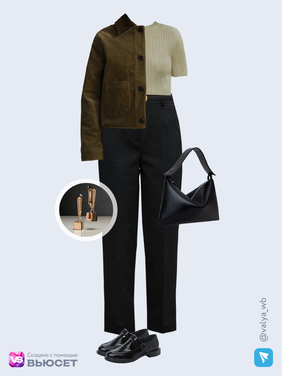 Образ с Вайлдберриз с артикулами (жакет, джемпер, брюки, сумка, туфли, ремень, серьги)