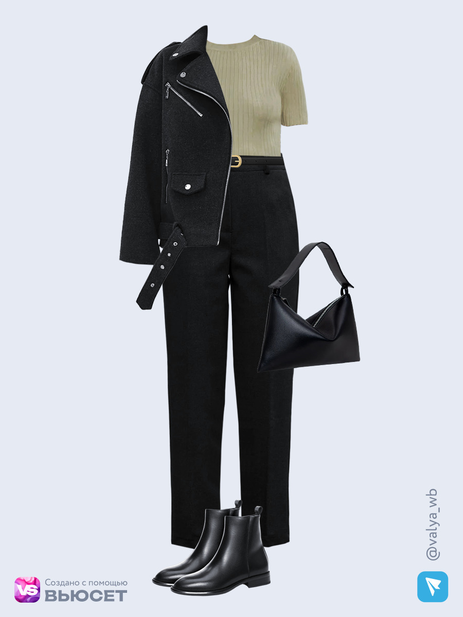 Образ с Вайлдберриз с артикулами (куртка, джемпер, брюки, сумка, ботинки, ремень)
